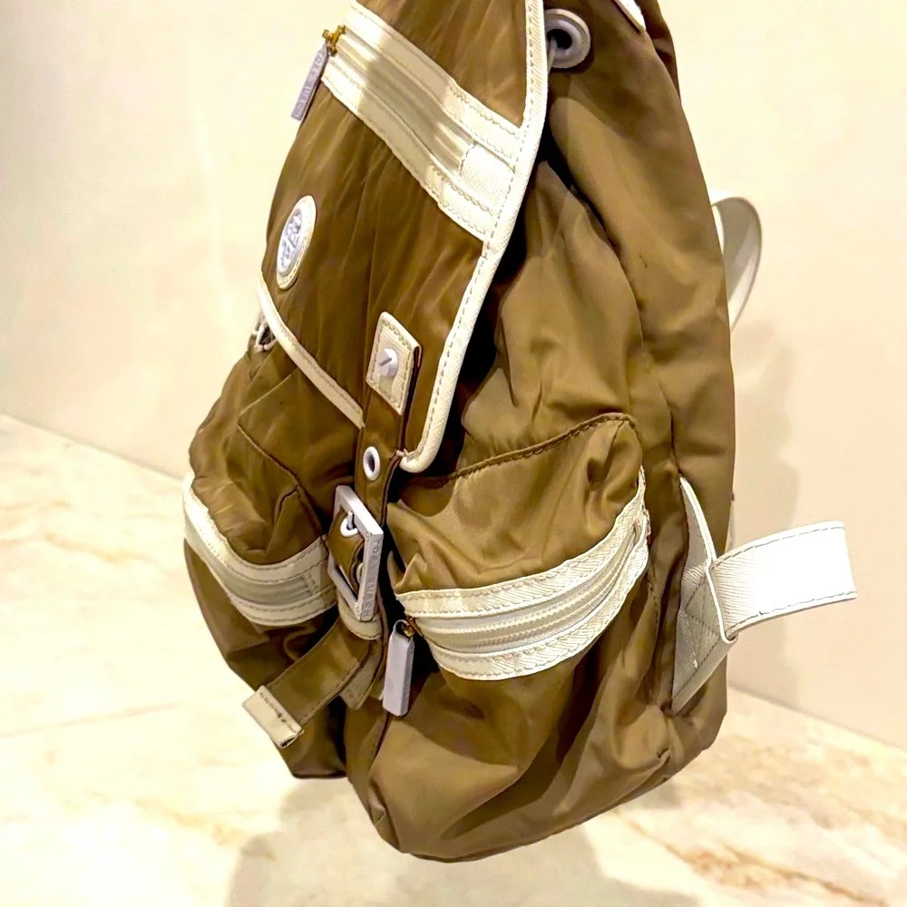 Tory Burch Designer Brown Backpack with White Trim & Signature Logo Detailing